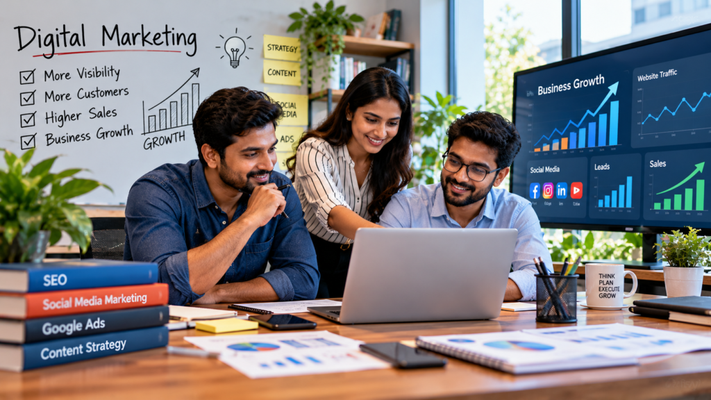 Digital marketing team analysing SEO, social media, website traffic and sales growth for businesses in 2026.
