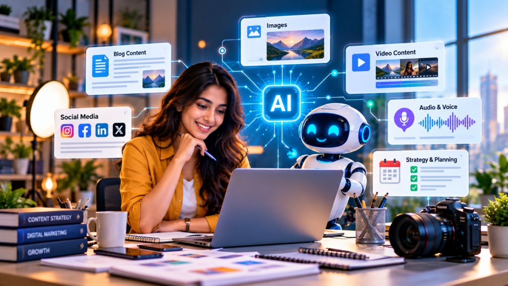 AI-assisted content creation workflow for blogs, images, video and social media.