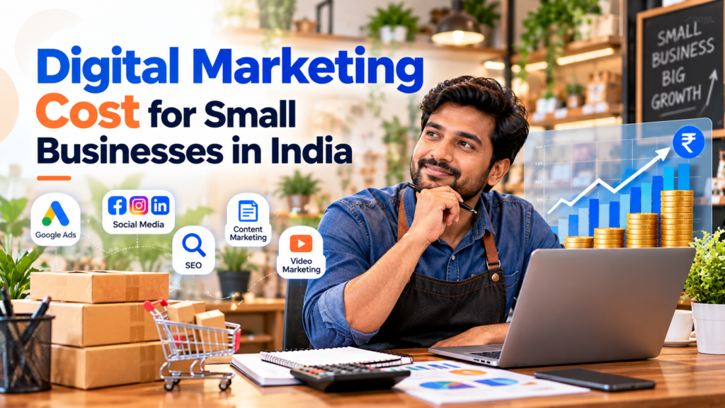 Digital marketing cost for small businesses in India, featuring a business owner, online advertising, SEO, social media and growth charts.