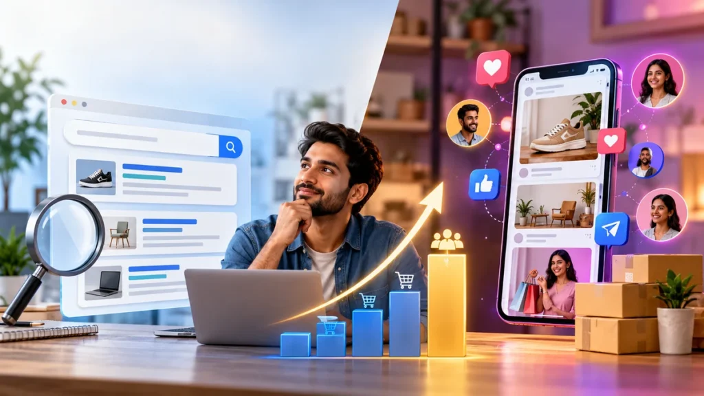 A visual comparison of Google search advertising and Meta social media advertising for business growth.